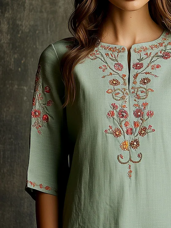 Boho V-neck 3/4 Sleeves Embroidery Tunic Top