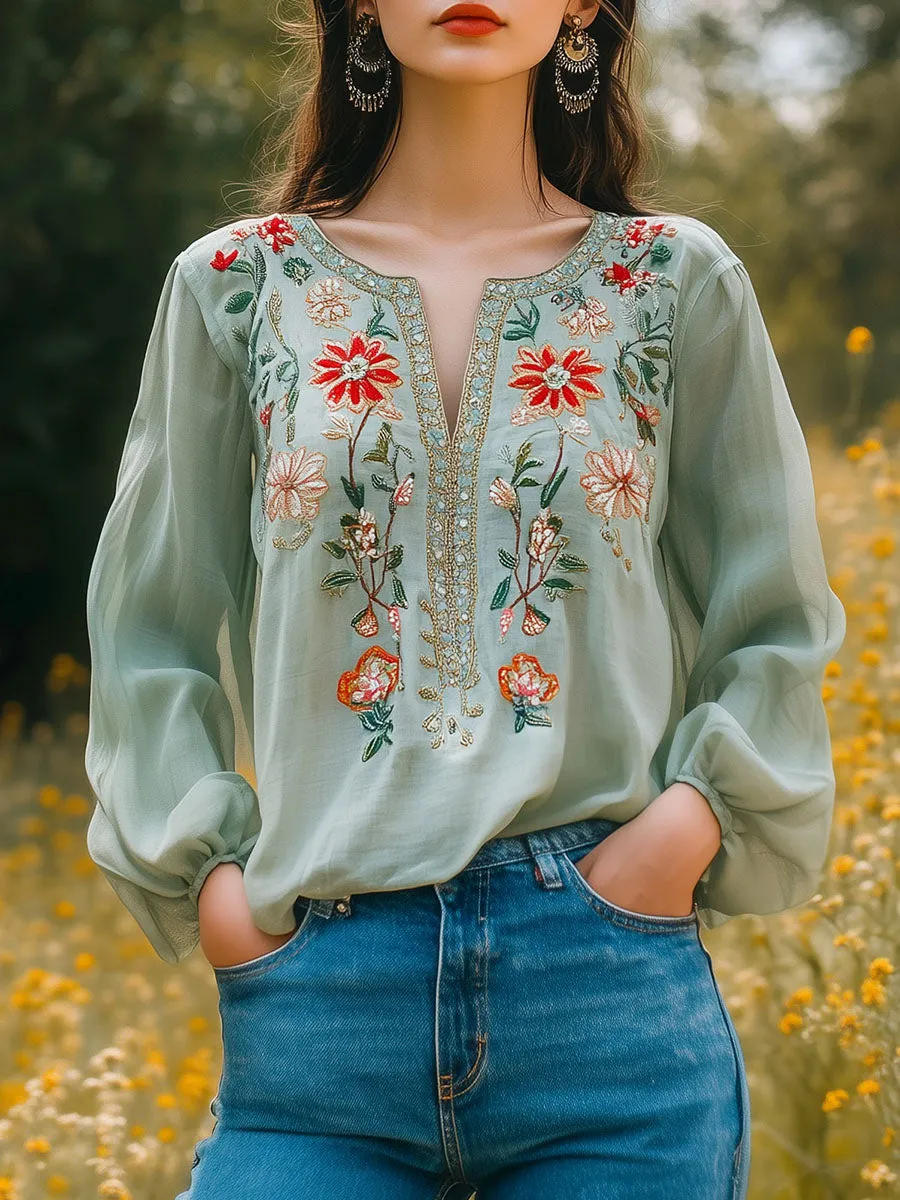 Boho V-neck Embroidery Balloon Sleeves Blouse