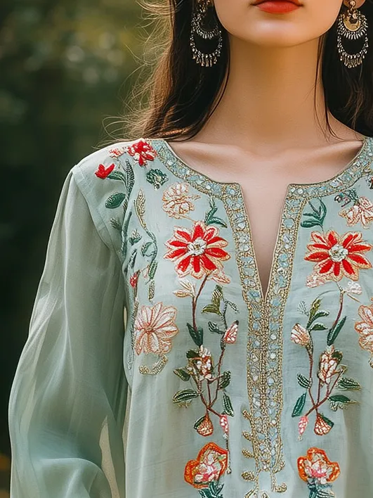 Boho V-neck Embroidery Balloon Sleeves Blouse