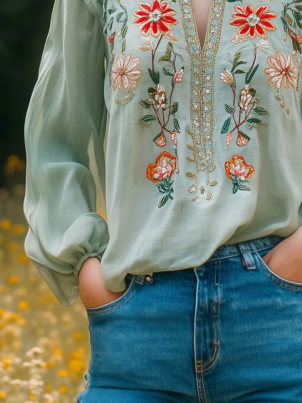 Boho V-neck Embroidery Balloon Sleeves Blouse