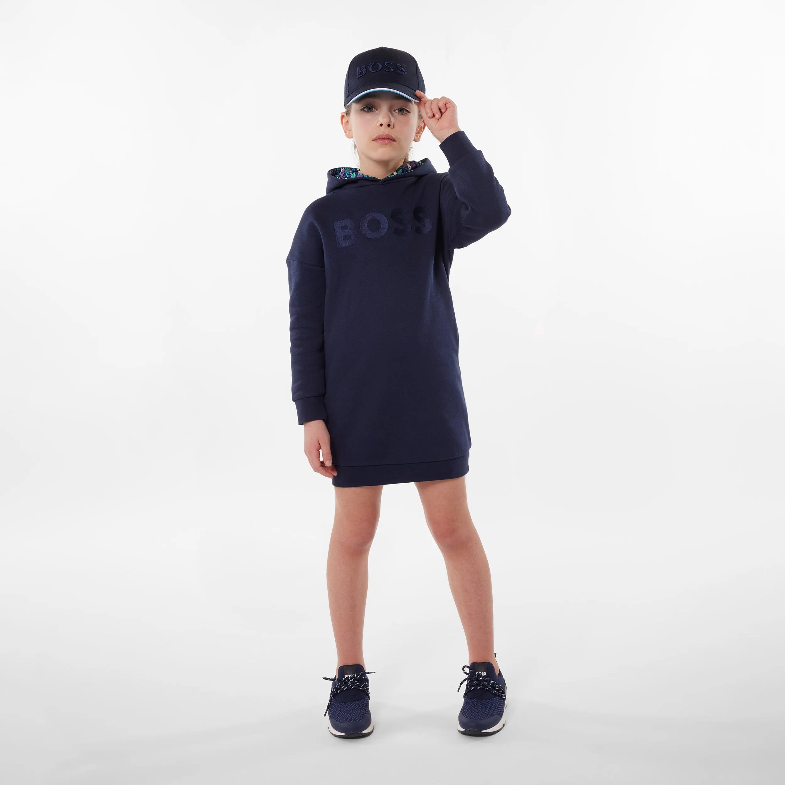 BOSS Girls Hooded Sweater Dress in Navy