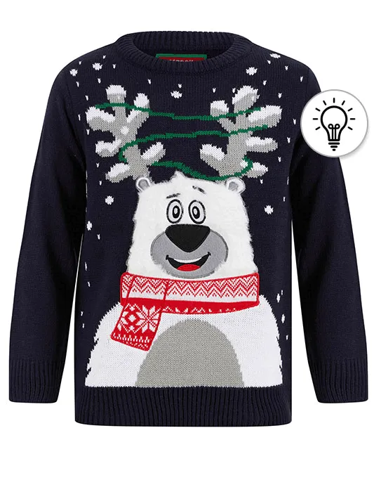 Boy's Happy Polar Bear LED Light Up Novelty Christmas Jumper in Ink - Merry Christmas Kids (4-12yrs)