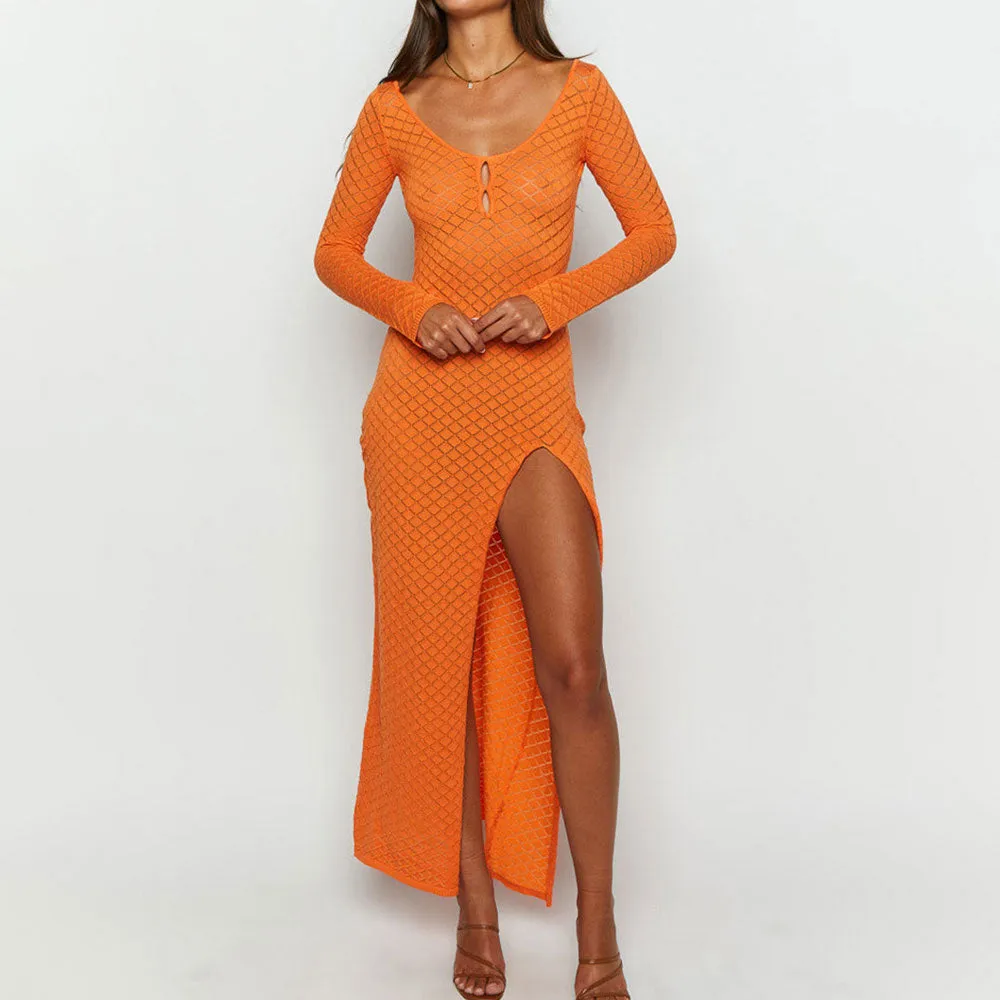 Breezy Scoop Neck Long Sleeve Tie Back Split Shell Crochet Knit Maxi Dress