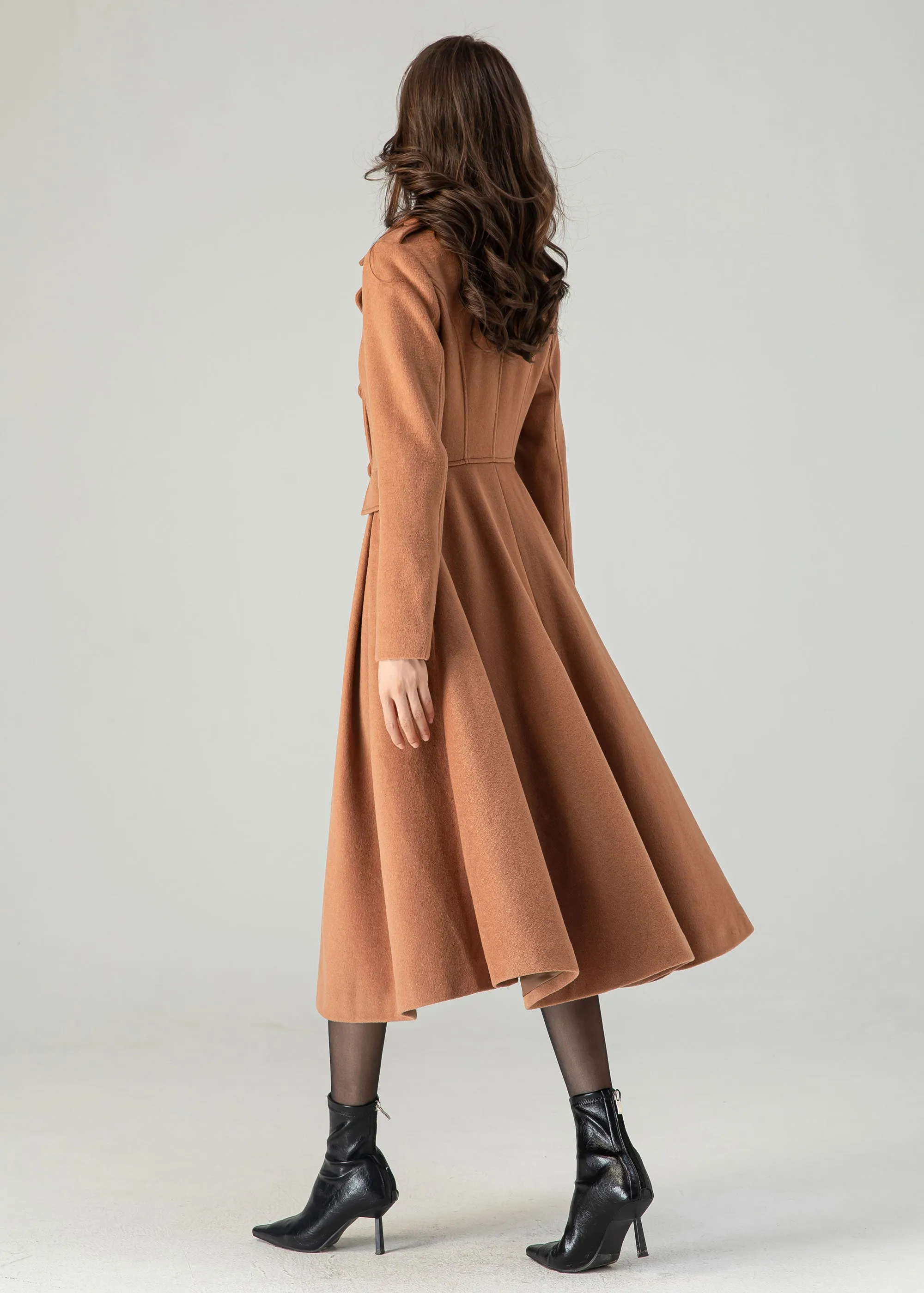 Brown double breasted winter wool coat for women C3619