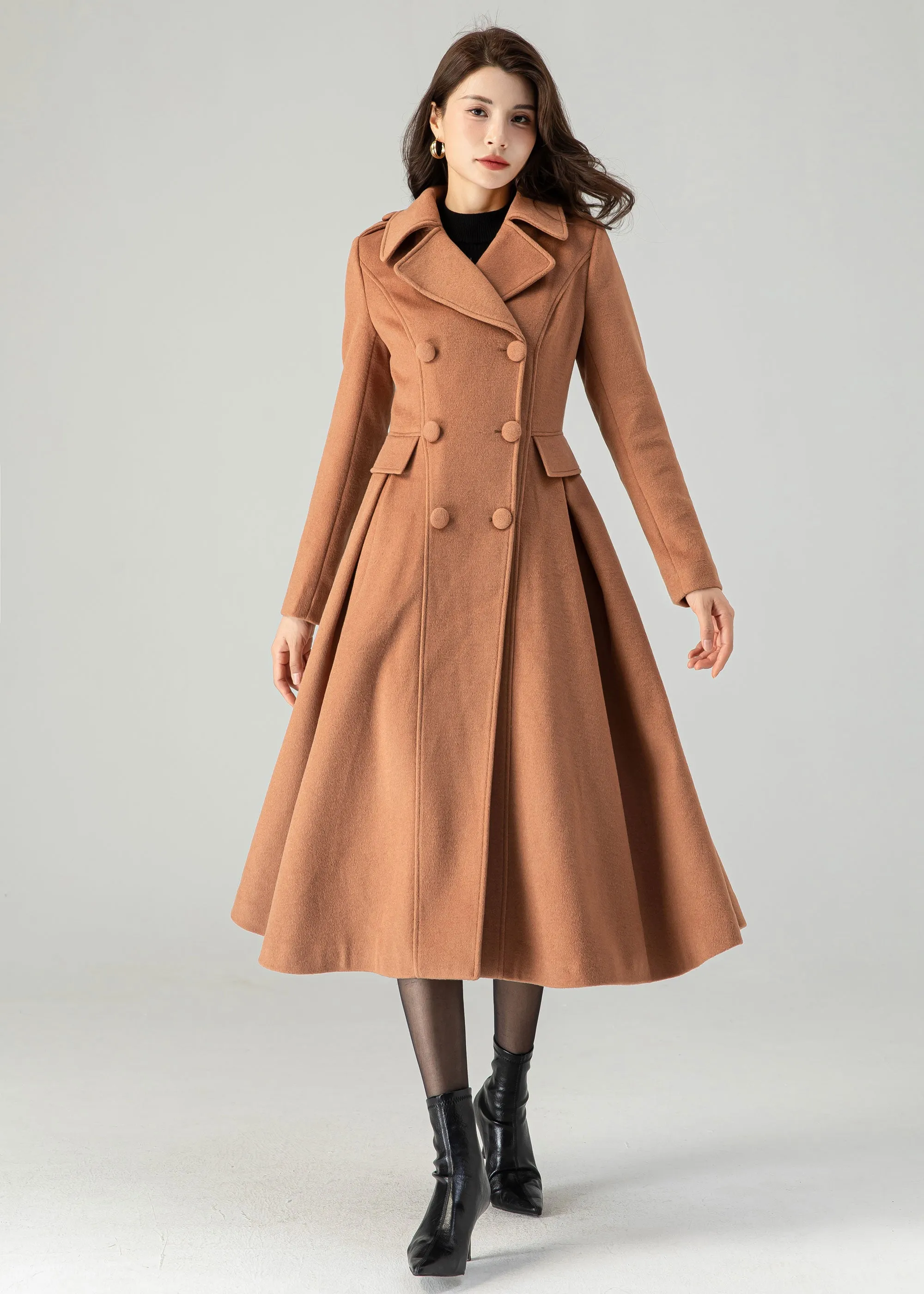 Brown double breasted winter wool coat for women C3619