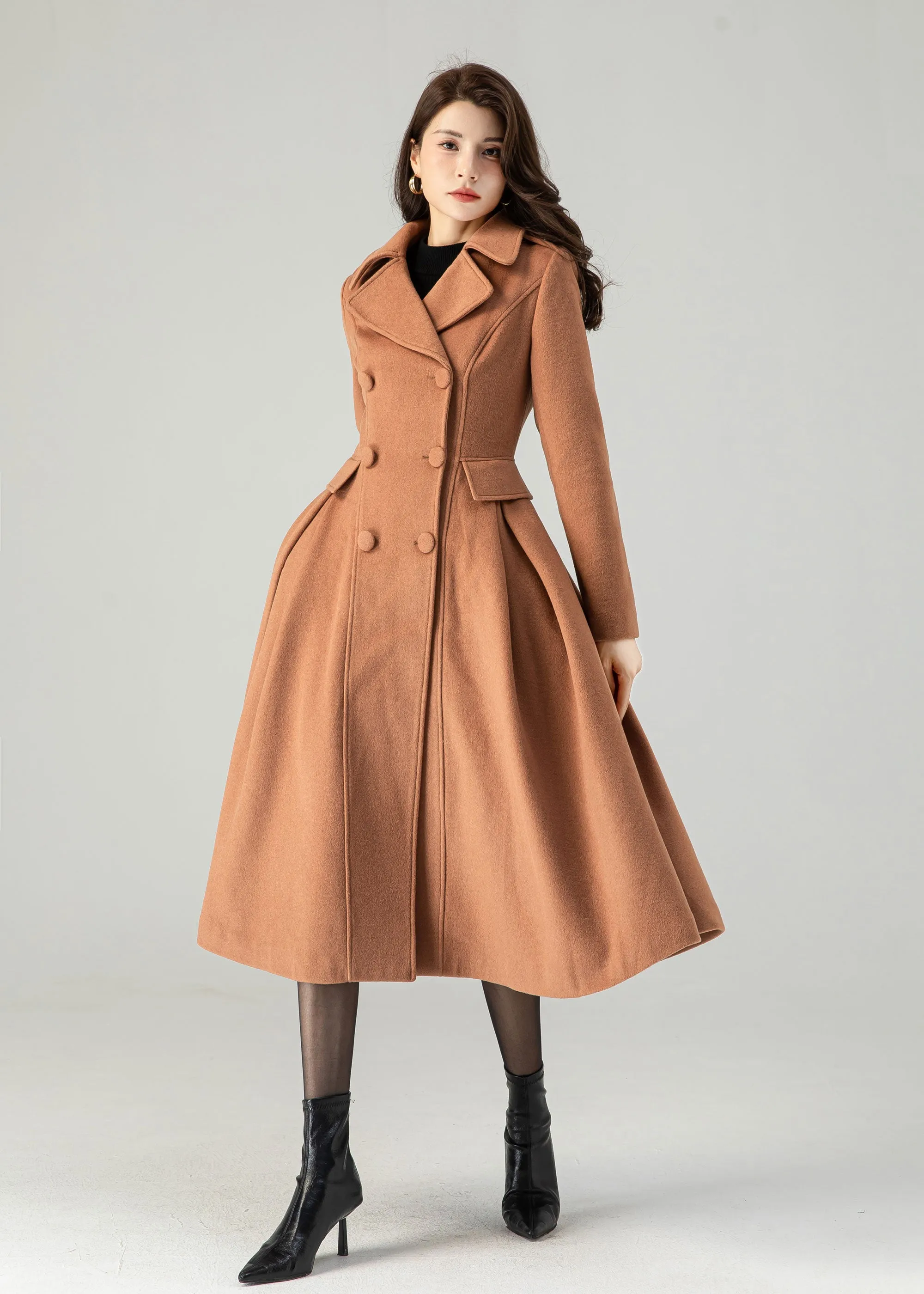 Brown double breasted winter wool coat for women C3619