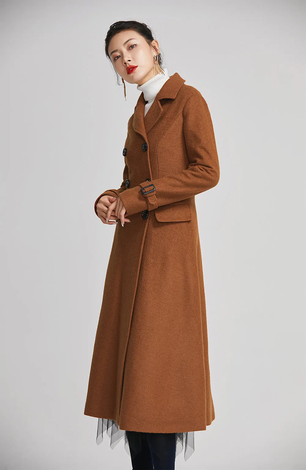 brown women winter long coat with single breasted and pockets 2254