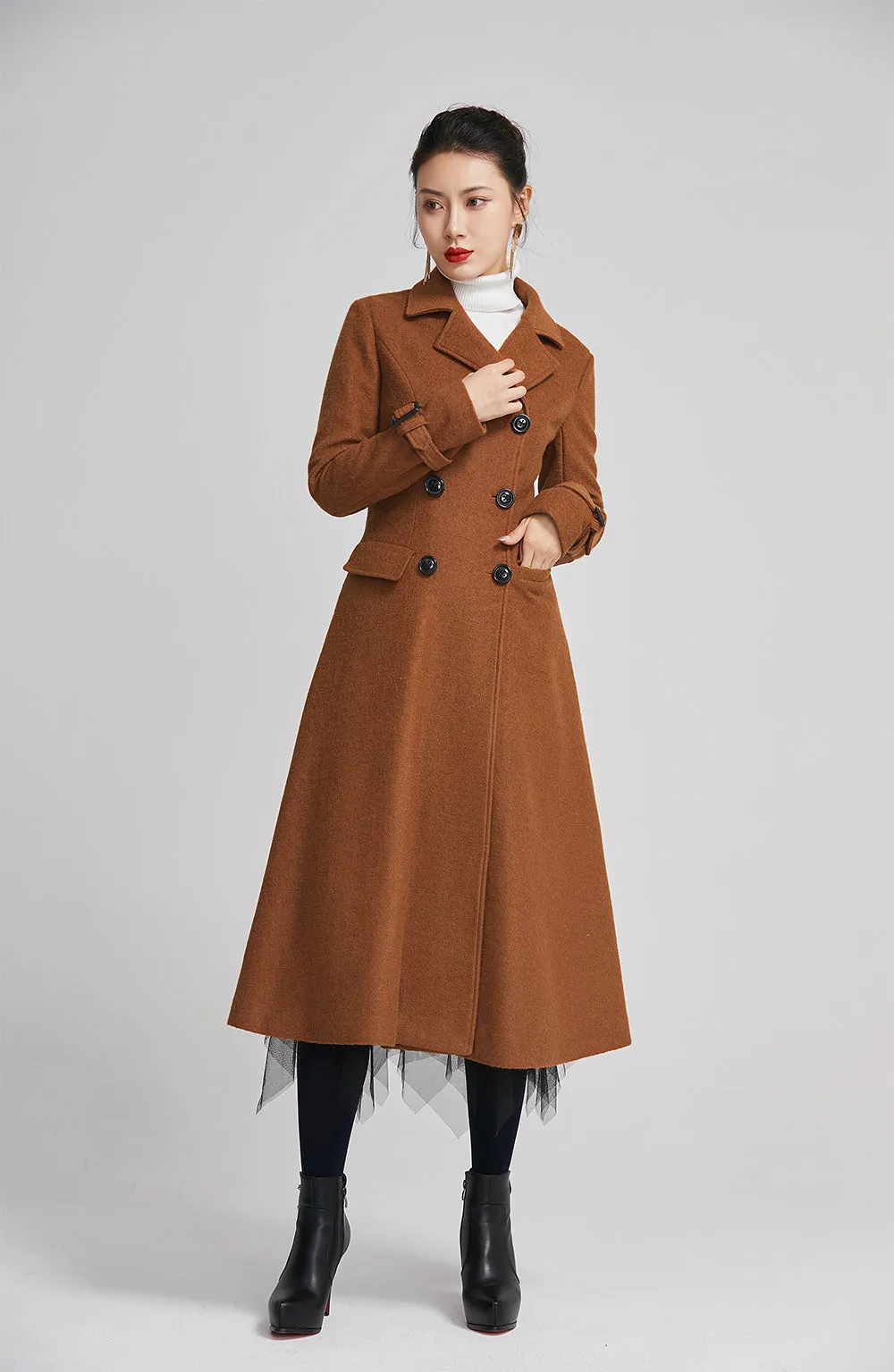 brown women winter long coat with single breasted and pockets 2254