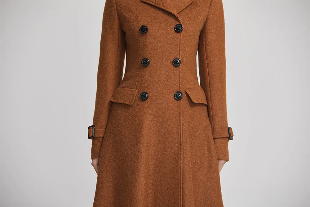 brown women winter long coat with single breasted and pockets 2254