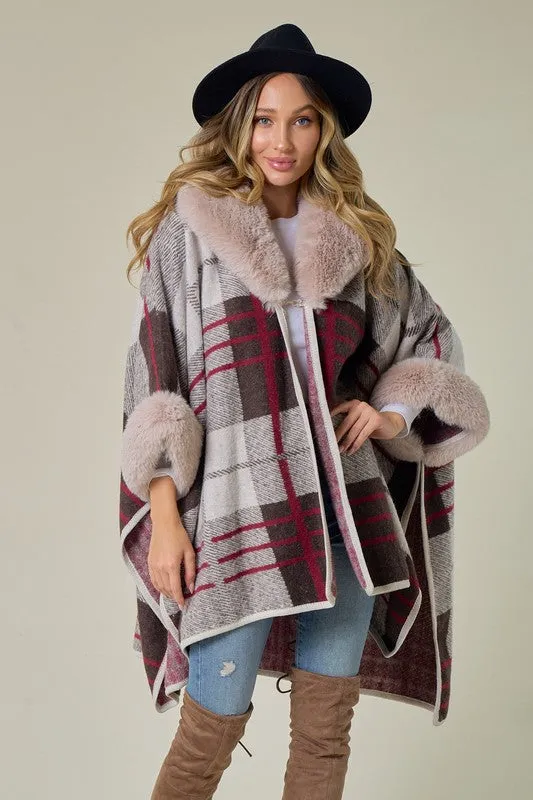 Brown/Red Plaid Pattern Faux Fur Trim Shawl Coat