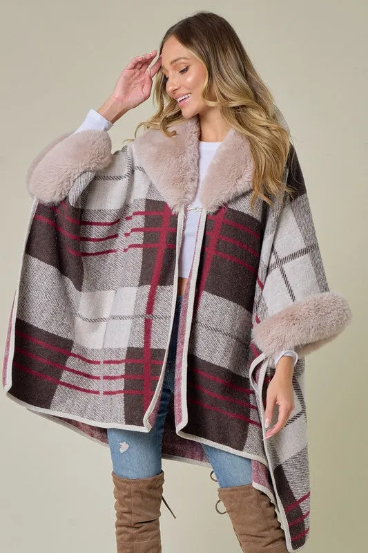 Brown/Red Plaid Pattern Faux Fur Trim Shawl Coat