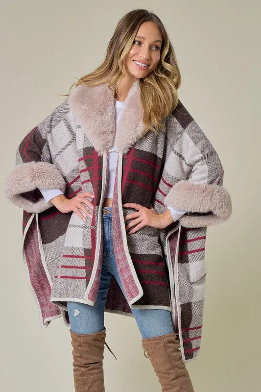 Brown/Red Plaid Pattern Faux Fur Trim Shawl Coat