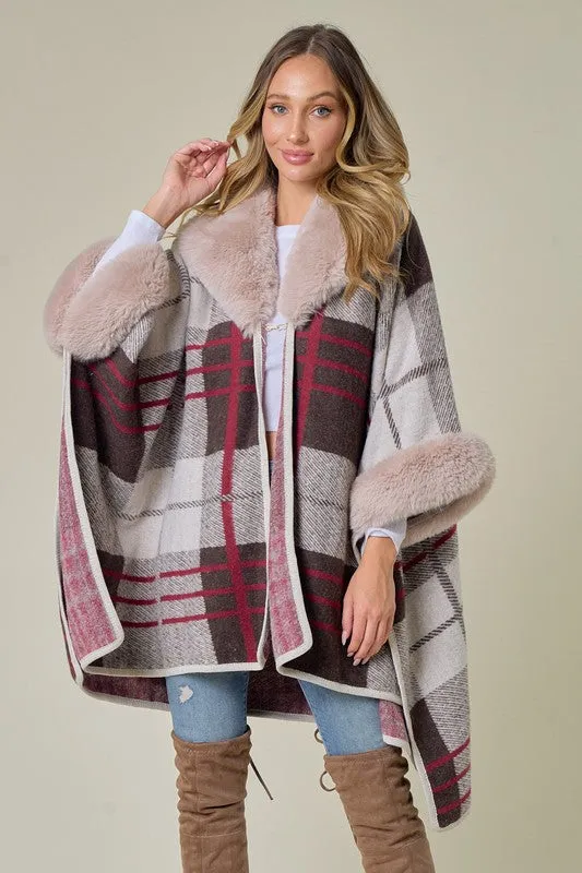 Brown/Red Plaid Pattern Faux Fur Trim Shawl Coat