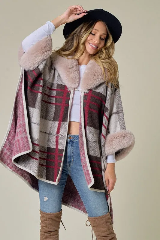 Brown/Red Plaid Pattern Faux Fur Trim Shawl Coat