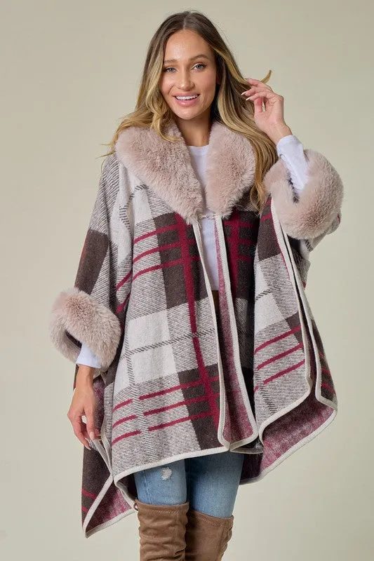 Brown/Red Plaid Pattern Faux Fur Trim Shawl Coat