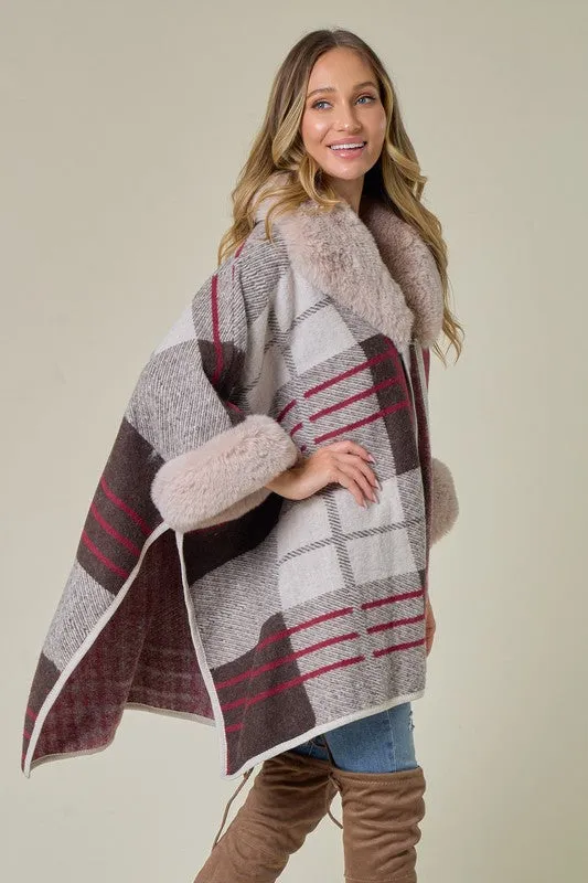 Brown/Red Plaid Pattern Faux Fur Trim Shawl Coat