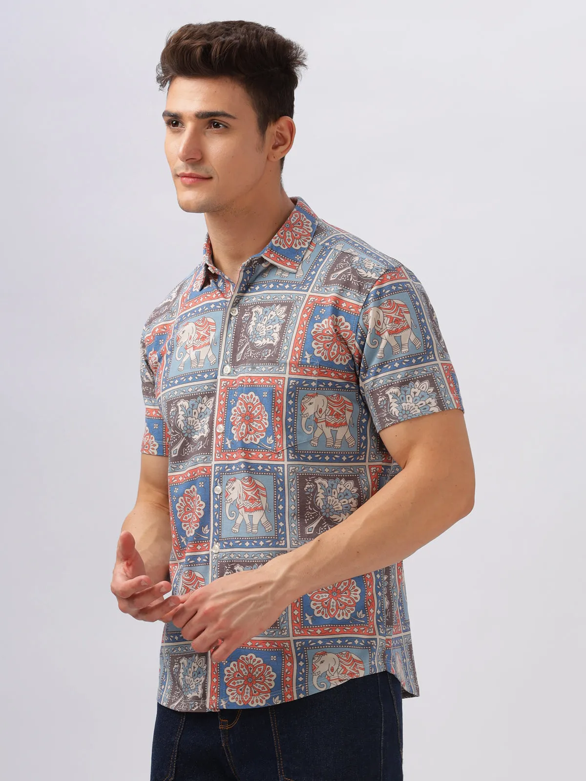 BULLMER Blue Trendy Regular Fit Printed Causal Half sleeve Shirt For Men