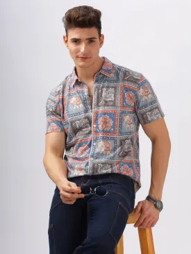 BULLMER Blue Trendy Regular Fit Printed Causal Half sleeve Shirt For Men