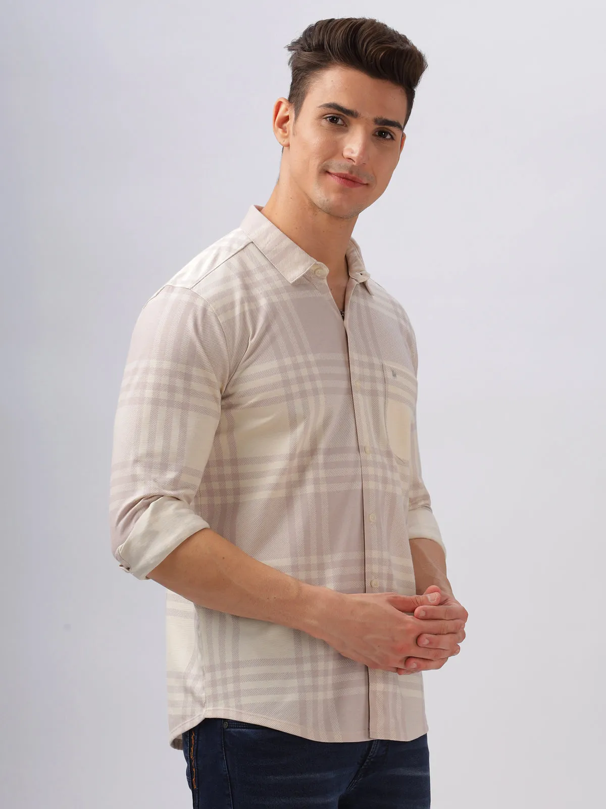 BULLMER Trendy Beige Regular Fit Checked Causal Full sleeve Shirt For Men.