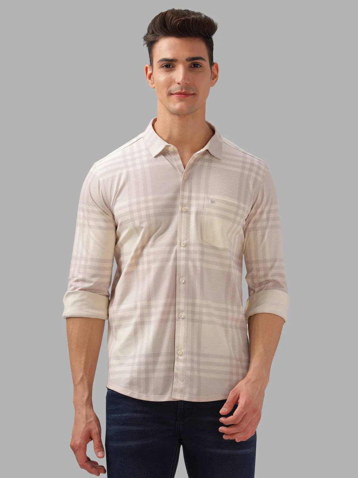 BULLMER Trendy Beige Regular Fit Checked Causal Full sleeve Shirt For Men.