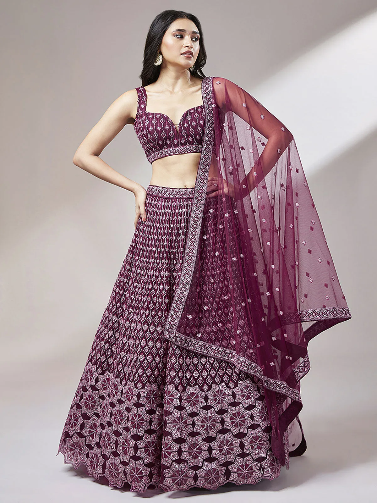 Burgundy Net heavy Sequinse embroidery Semi-Stitched Lehenga choli & Dupatta