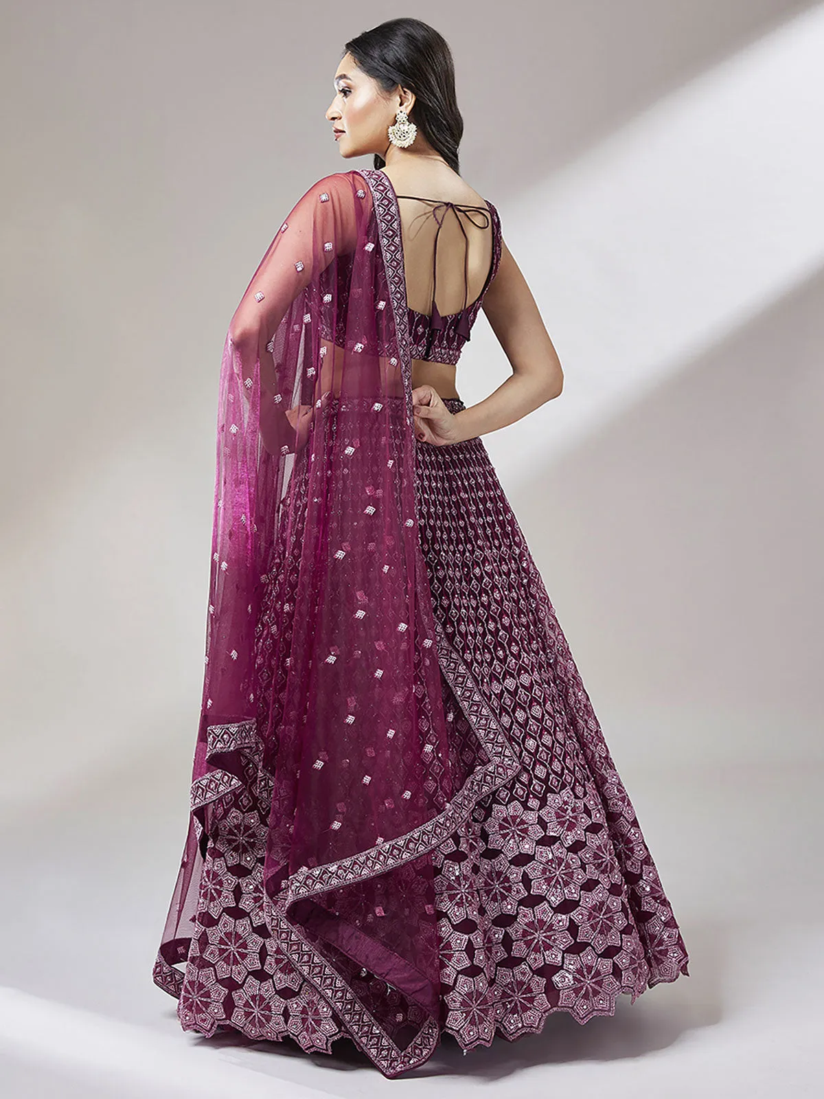 Burgundy Net heavy Sequinse embroidery Semi-Stitched Lehenga choli & Dupatta