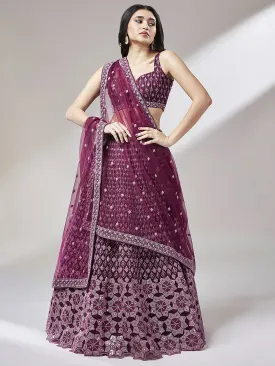 Burgundy Net heavy Sequinse embroidery Semi-Stitched Lehenga choli & Dupatta