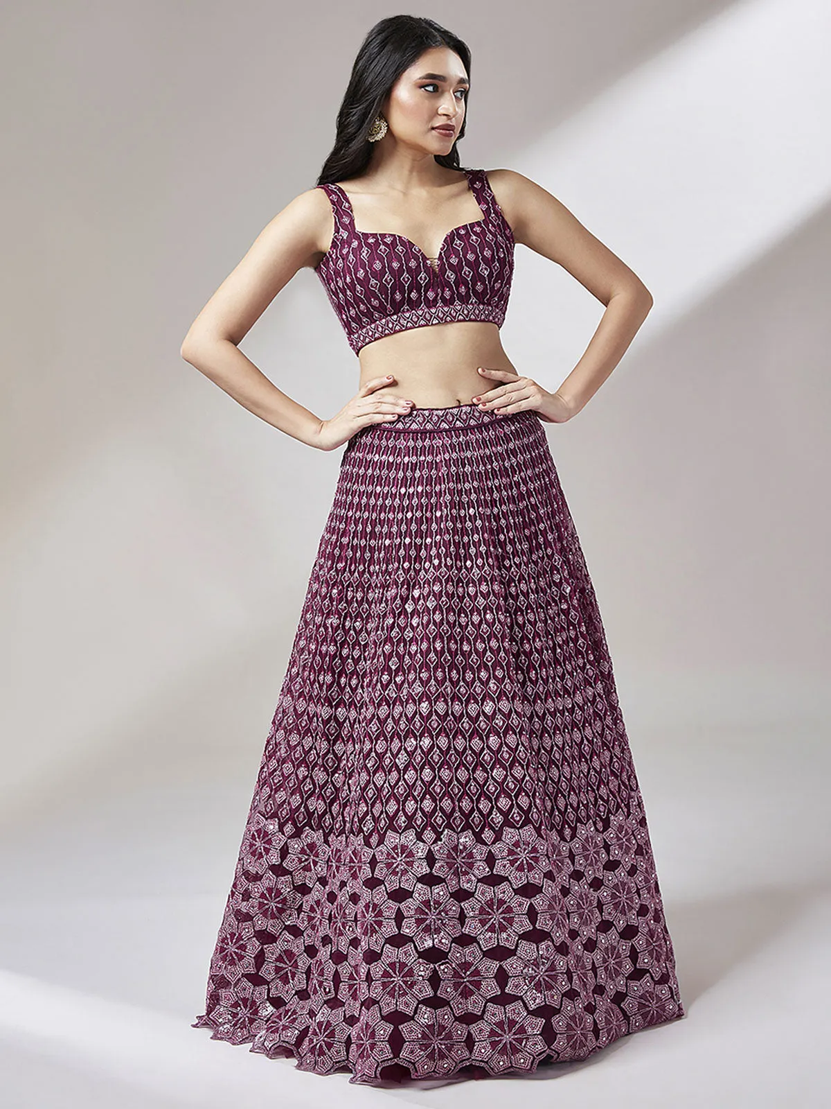 Burgundy Net heavy Sequinse embroidery Semi-Stitched Lehenga choli & Dupatta