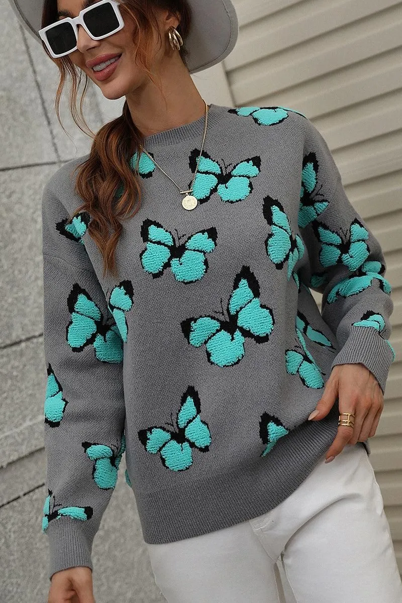 BUTTERFLY PRINTING LONG SLEEVE CASUAL SWEATER