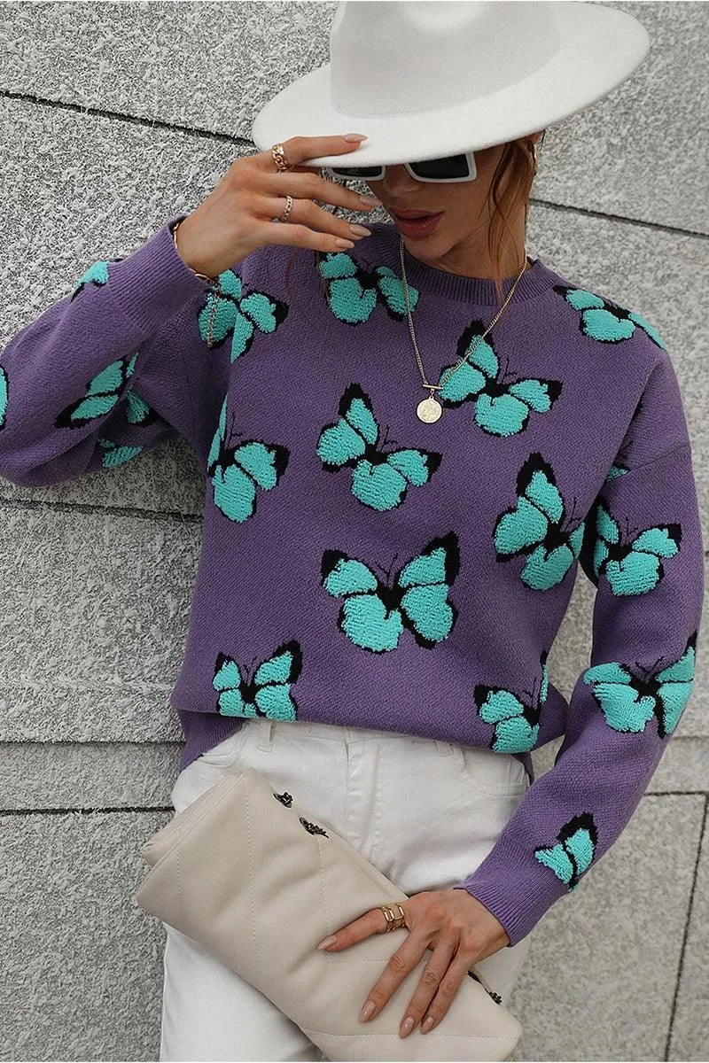 BUTTERFLY PRINTING LONG SLEEVE CASUAL SWEATER