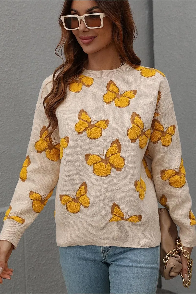 BUTTERFLY PRINTING LONG SLEEVE CASUAL SWEATER