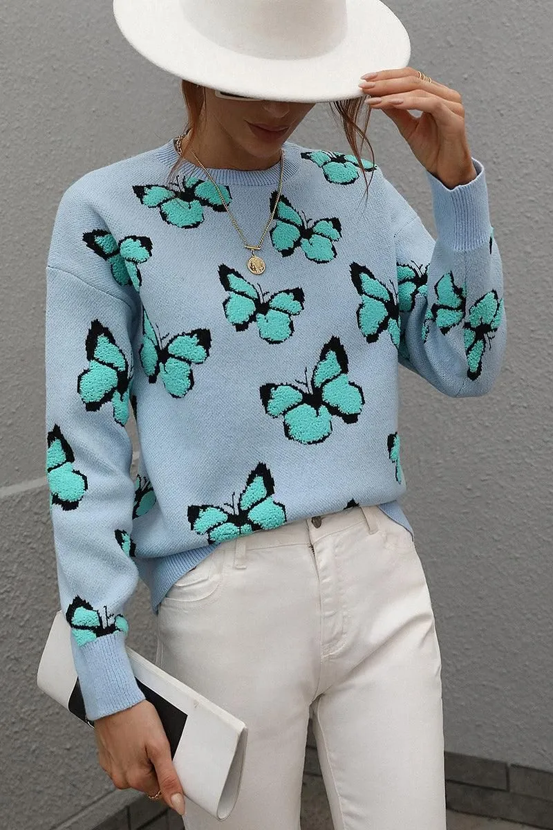 BUTTERFLY PRINTING LONG SLEEVE CASUAL SWEATER