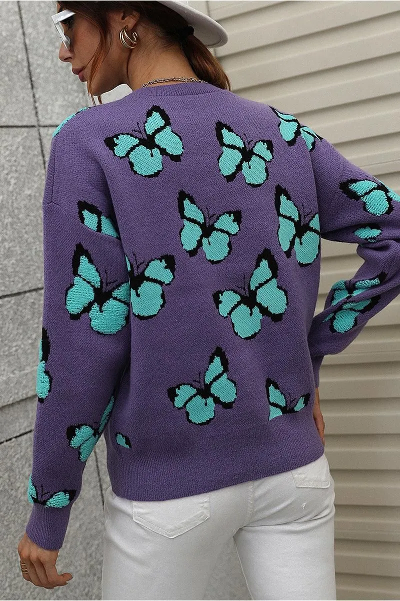 BUTTERFLY PRINTING LONG SLEEVE CASUAL SWEATER