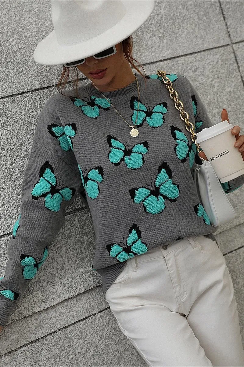 BUTTERFLY PRINTING LONG SLEEVE CASUAL SWEATER