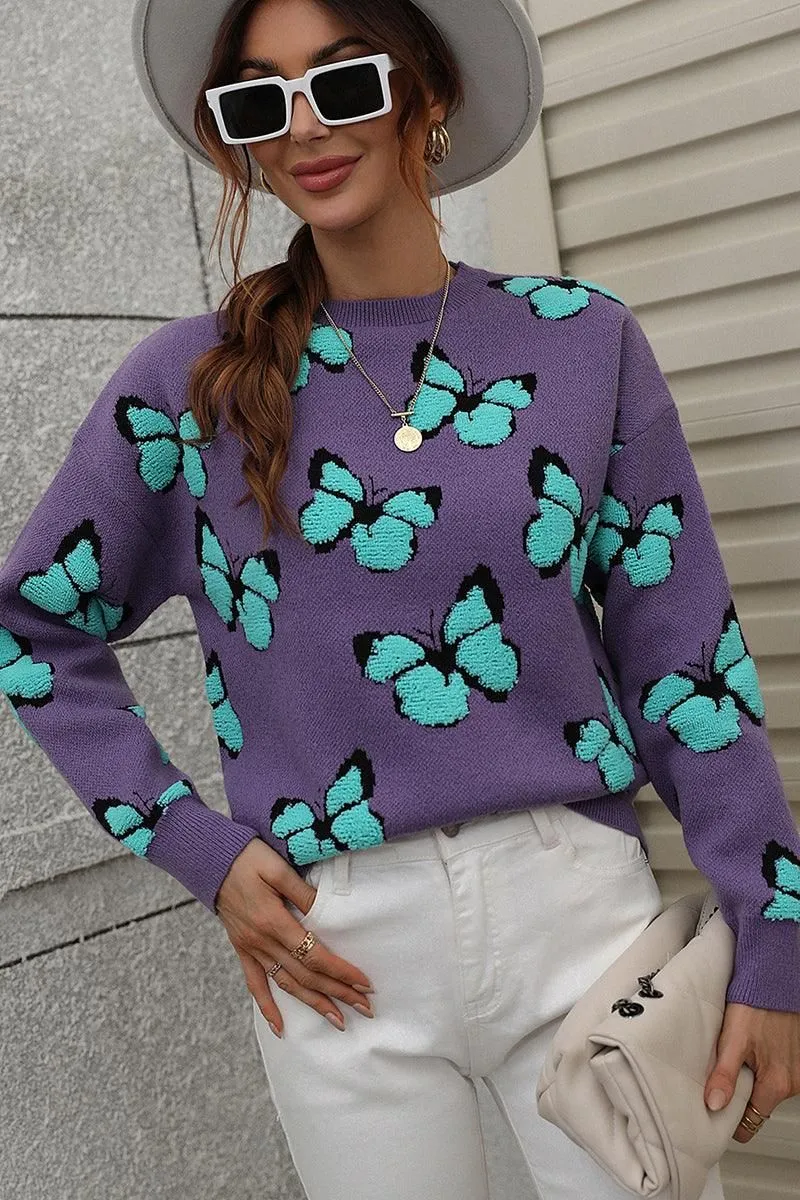 BUTTERFLY PRINTING LONG SLEEVE CASUAL SWEATER