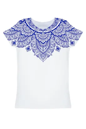 BUY 1 GET 4 FREE! Nirvana Zoe White & Blue Geometric Boho Print T-Shirt - Women