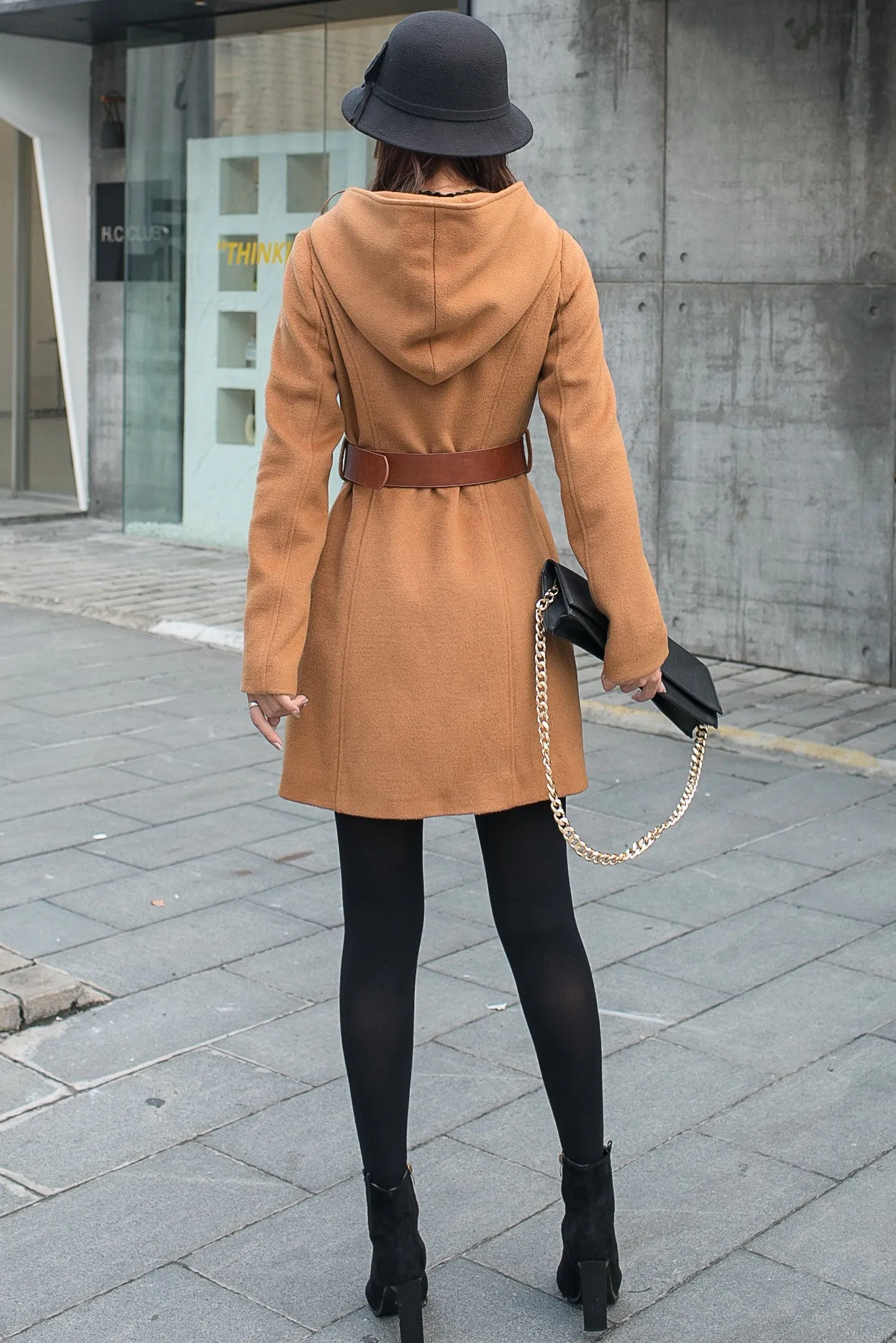 Camel Women's Wool Coat with Hood C2589, Size M #CK2101376