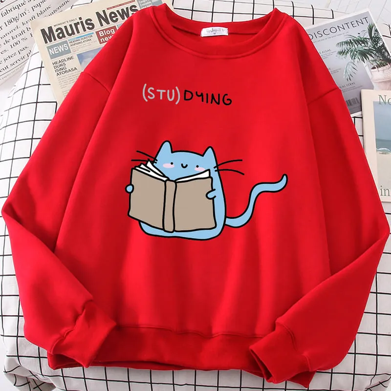 Cartoon Kitty Cat Studying Sweatshirt