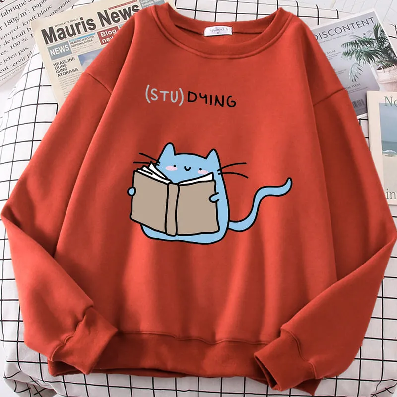 Cartoon Kitty Cat Studying Sweatshirt