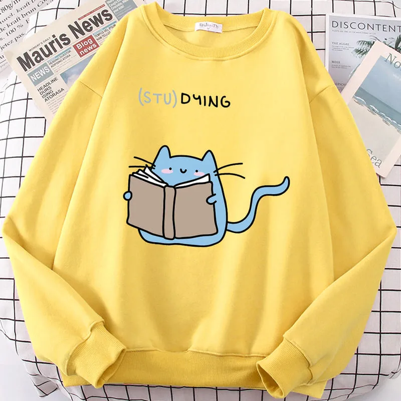 Cartoon Kitty Cat Studying Sweatshirt