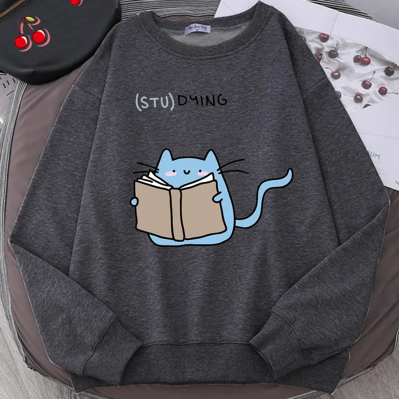 Cartoon Kitty Cat Studying Sweatshirt