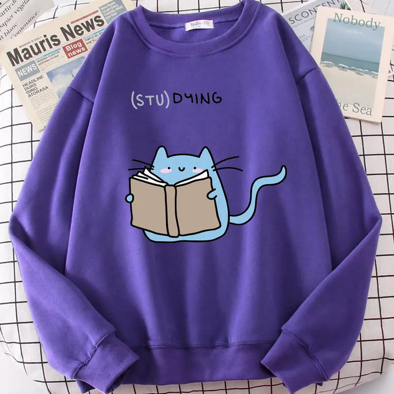 Cartoon Kitty Cat Studying Sweatshirt