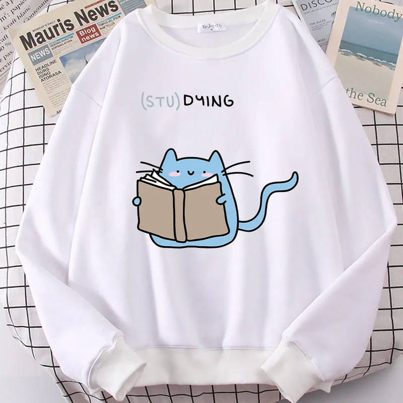 Cartoon Kitty Cat Studying Sweatshirt