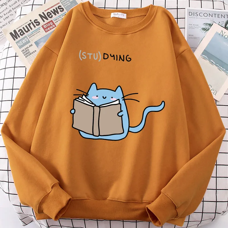 Cartoon Kitty Cat Studying Sweatshirt