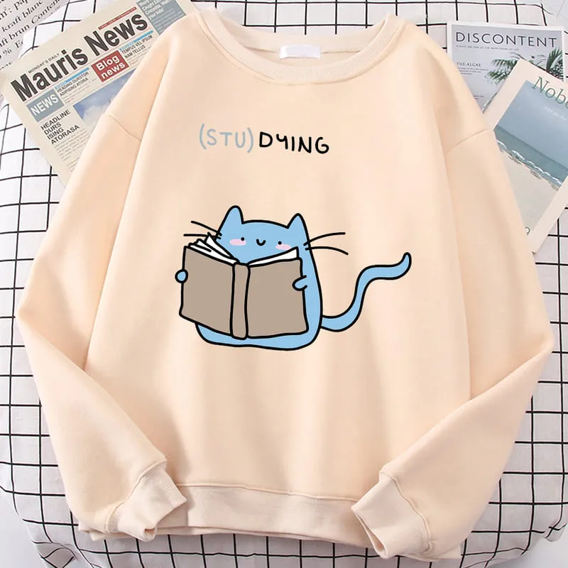 Cartoon Kitty Cat Studying Sweatshirt