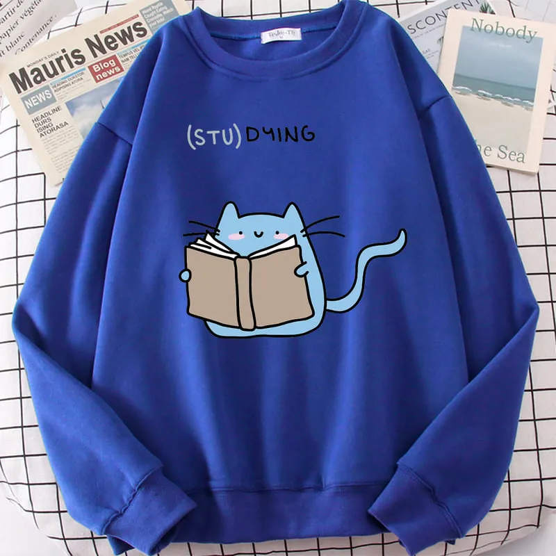 Cartoon Kitty Cat Studying Sweatshirt