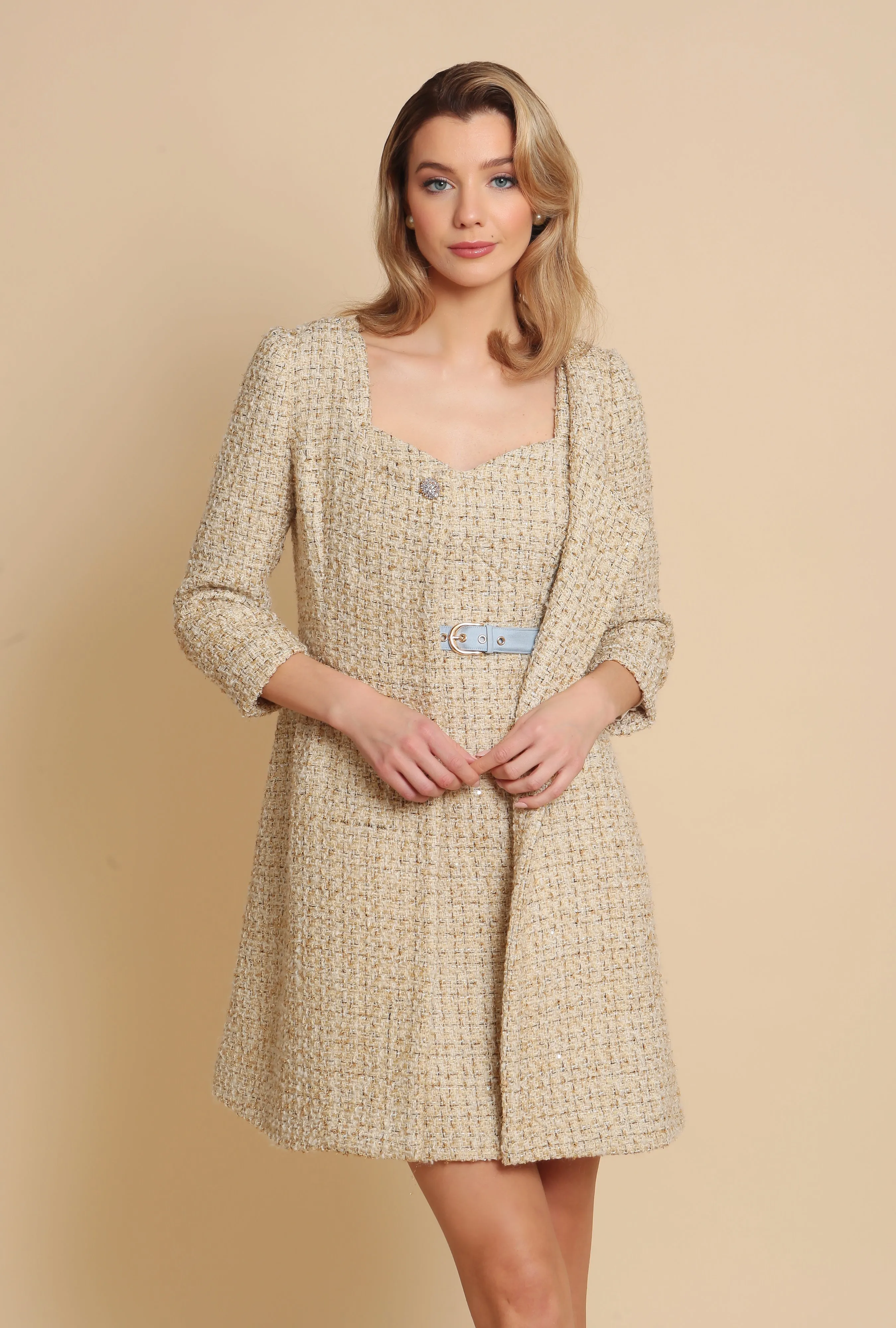 'Casablanca' Wool Tweed Dress Coat in Oro