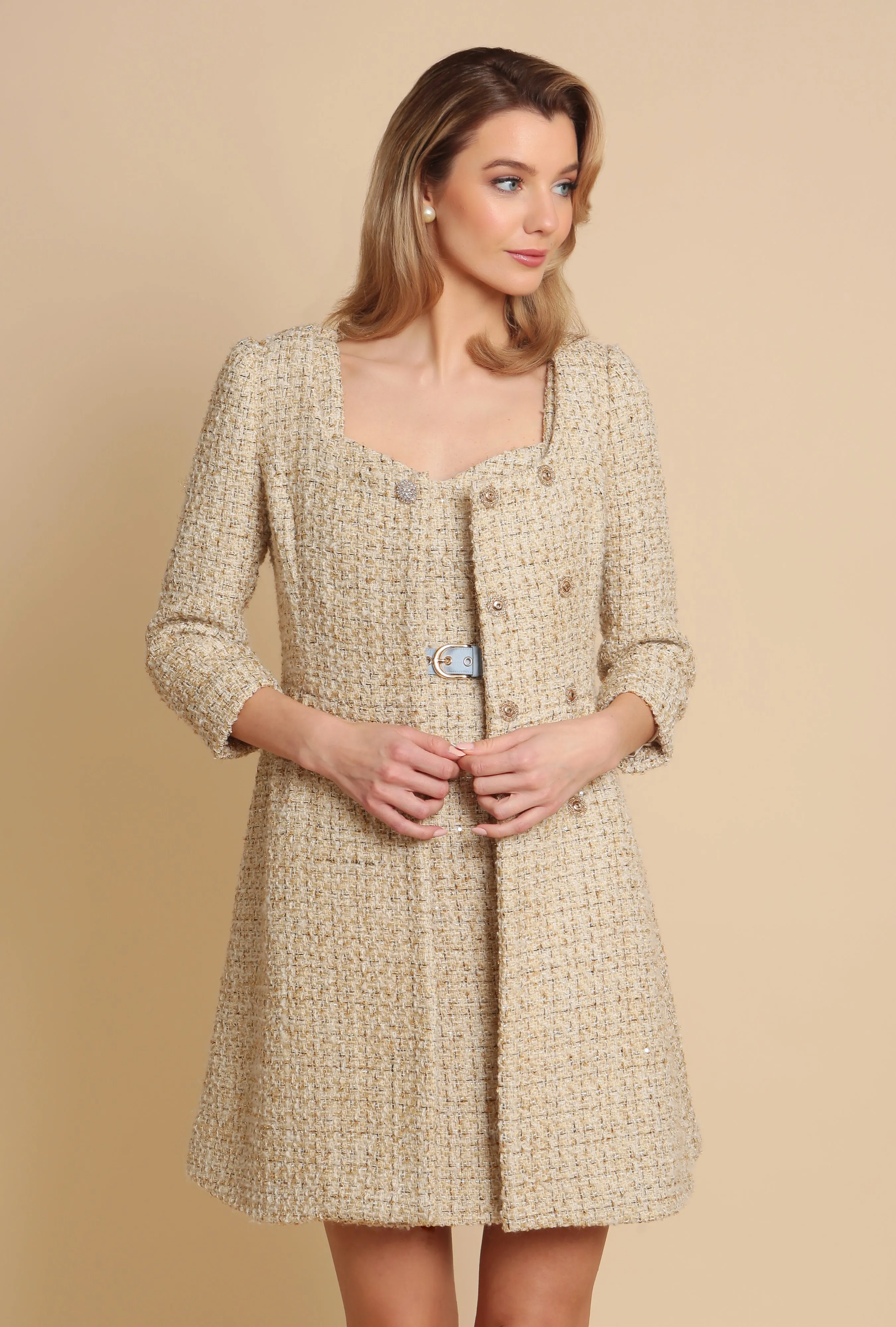 'Casablanca' Wool Tweed Dress Coat in Oro