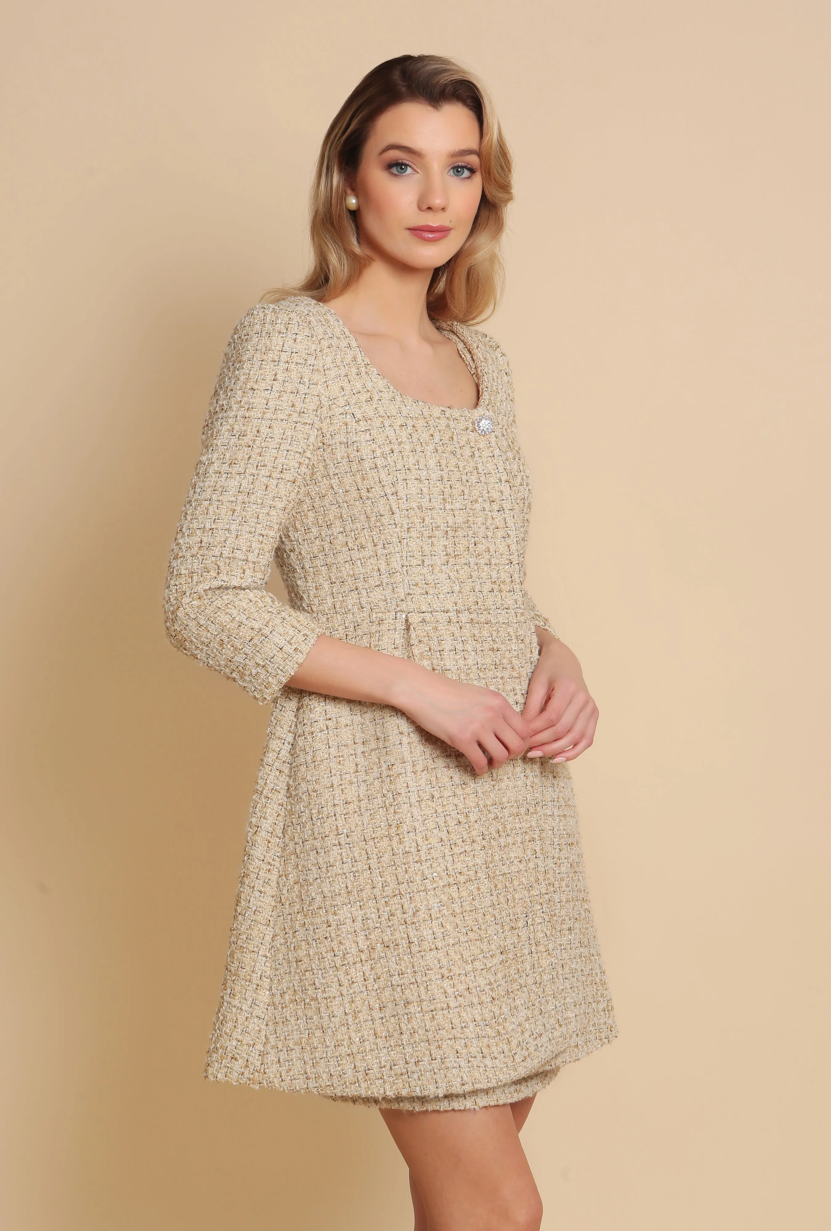 'Casablanca' Wool Tweed Dress Coat in Oro