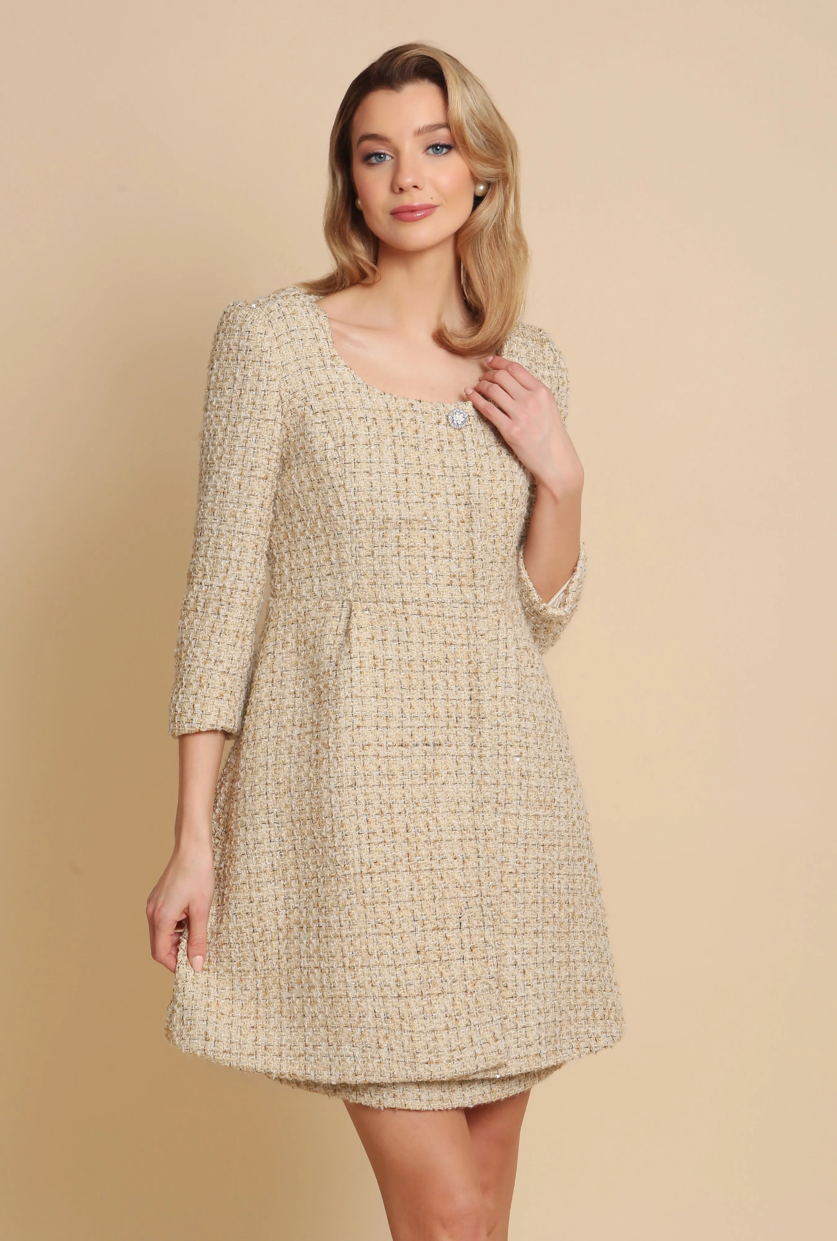 'Casablanca' Wool Tweed Dress Coat in Oro